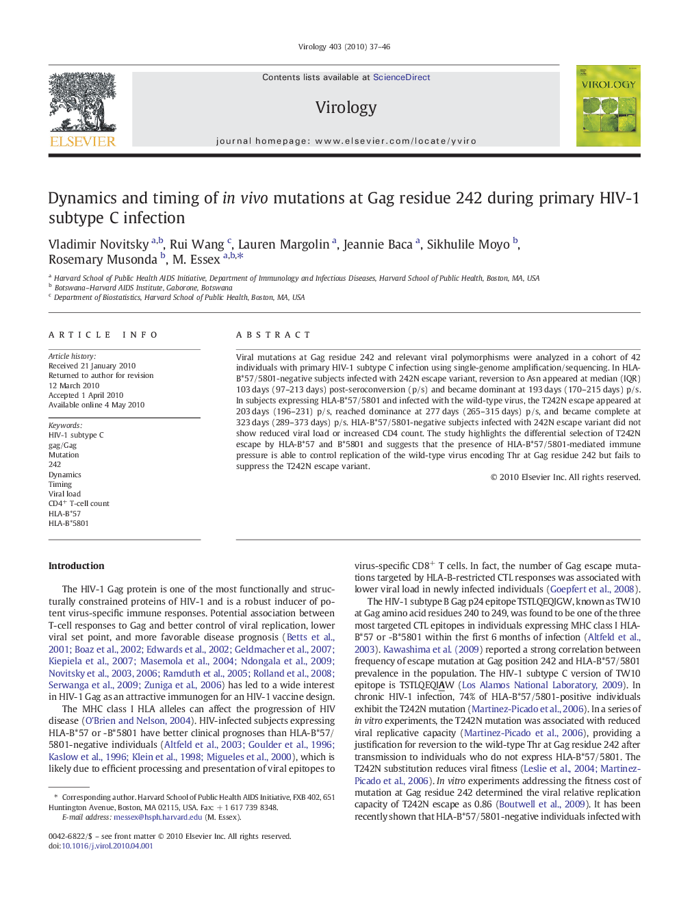 Dynamics and timing of invivo mutations at Gag residue 242 during primary HIV-1 subtype C infection