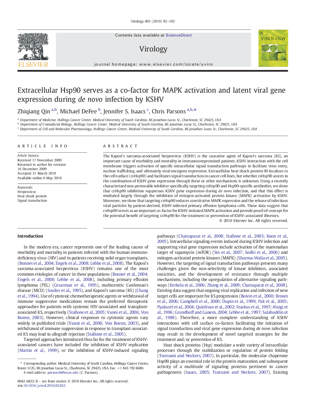 Extracellular Hsp90 serves as a co-factor for MAPK activation and latent viral gene expression during de novo infection by KSHV