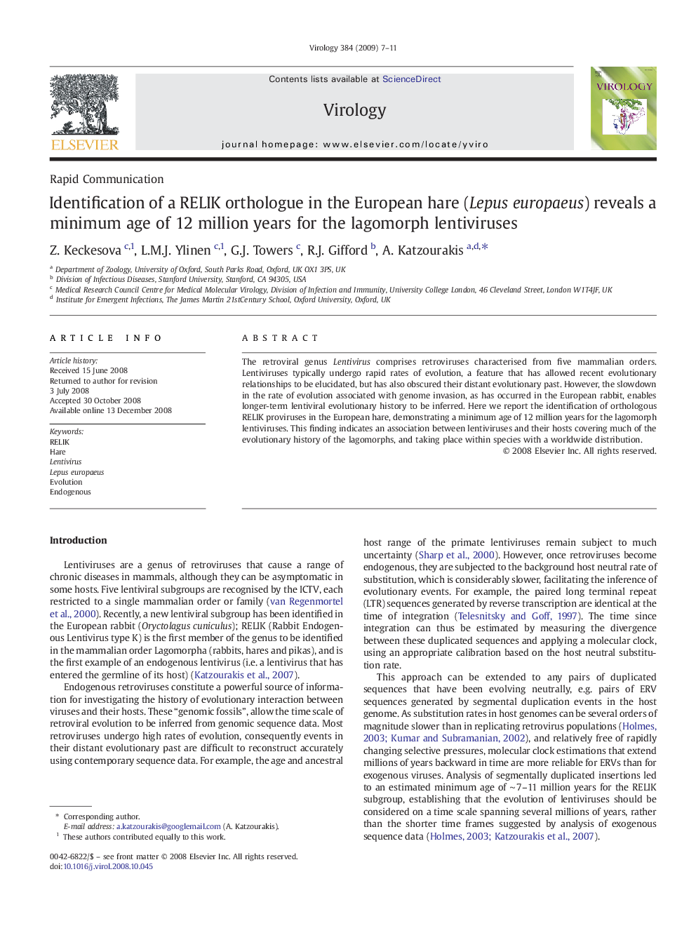 Identification of a RELIK orthologue in the European hare (Lepus europaeus) reveals a minimum age of 12 million years for the lagomorph lentiviruses