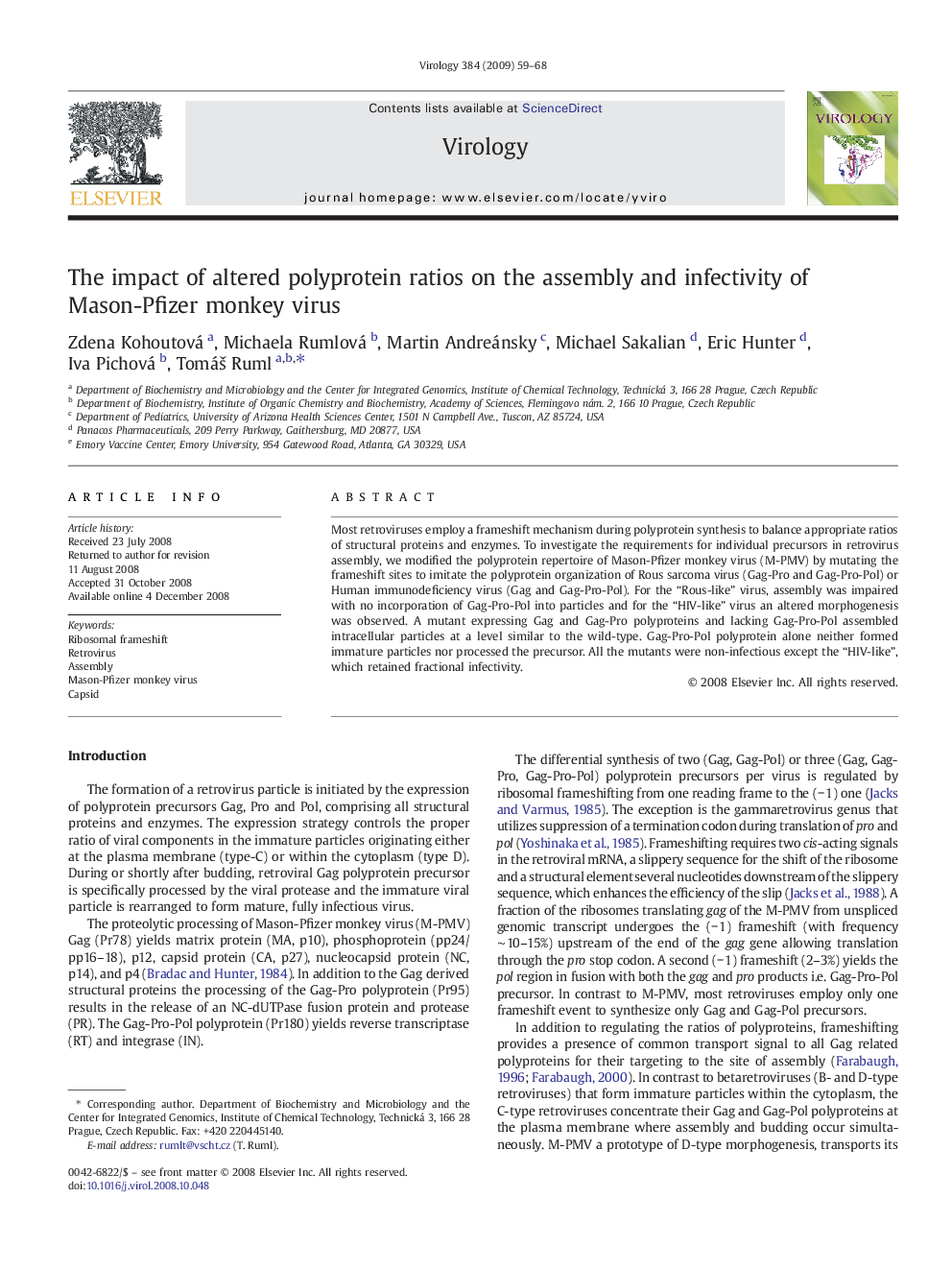 The impact of altered polyprotein ratios on the assembly and infectivity of Mason-Pfizer monkey virus