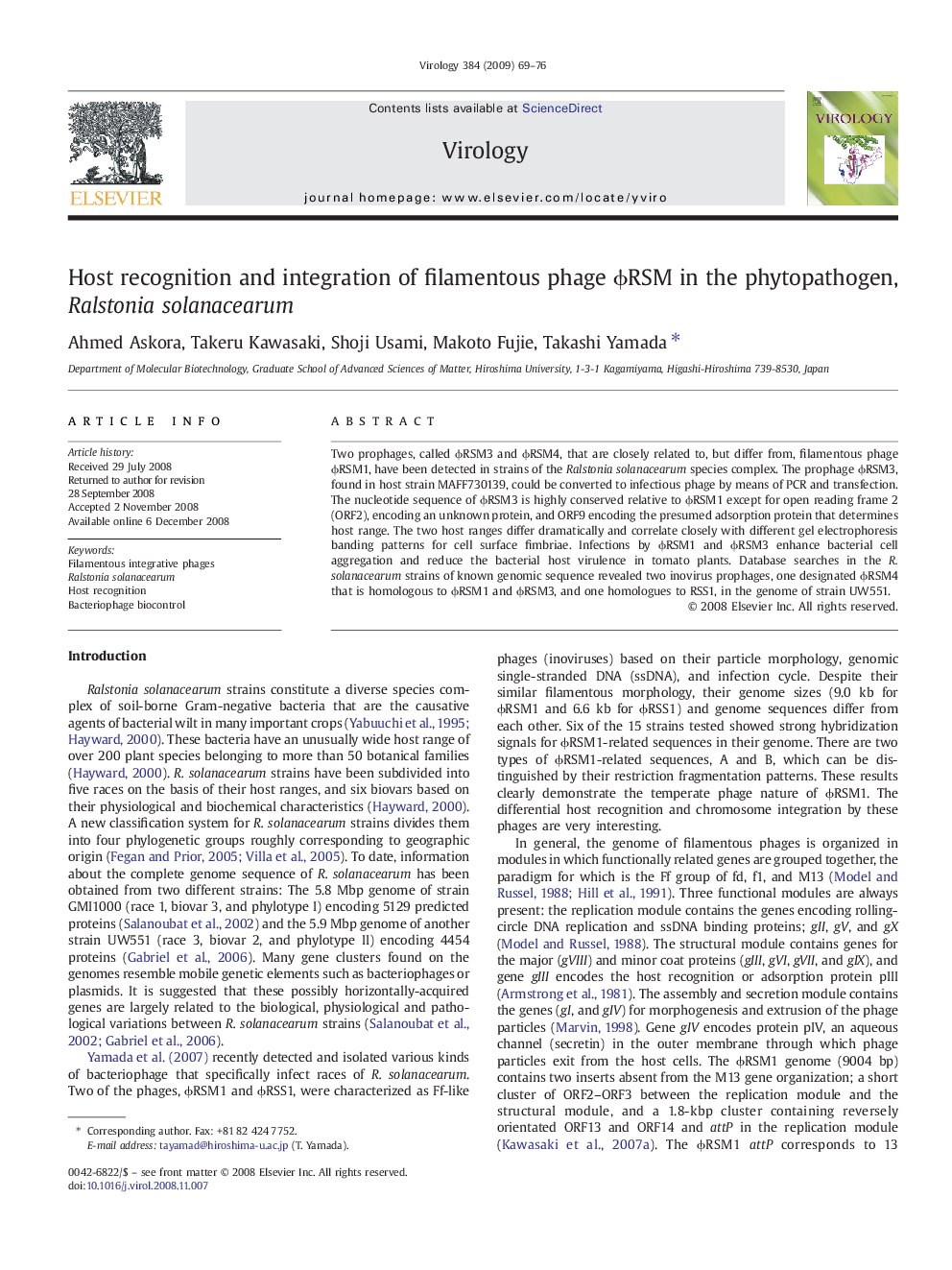 Host recognition and integration of filamentous phage ϕRSM in the phytopathogen, Ralstonia solanacearum