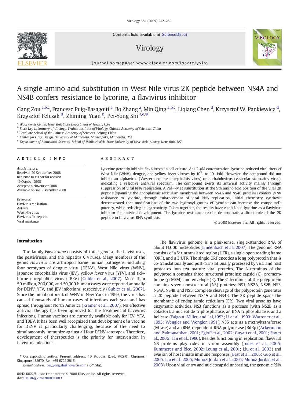 A single-amino acid substitution in West Nile virus 2K peptide between NS4A and NS4B confers resistance to lycorine, a flavivirus inhibitor