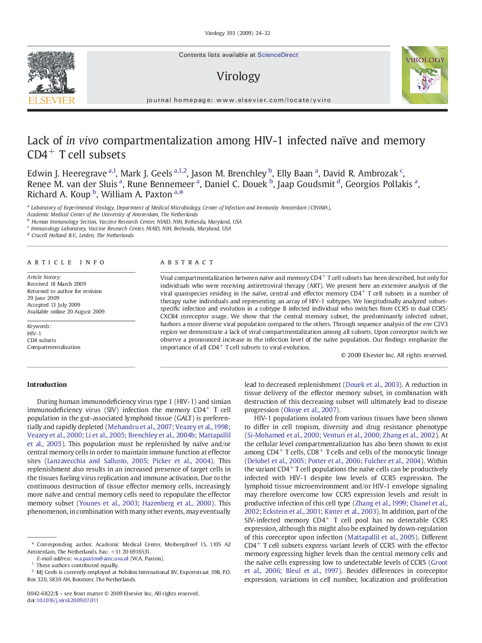 Lack of in vivo compartmentalization among HIV-1 infected naïve and memory CD4+ T cell subsets