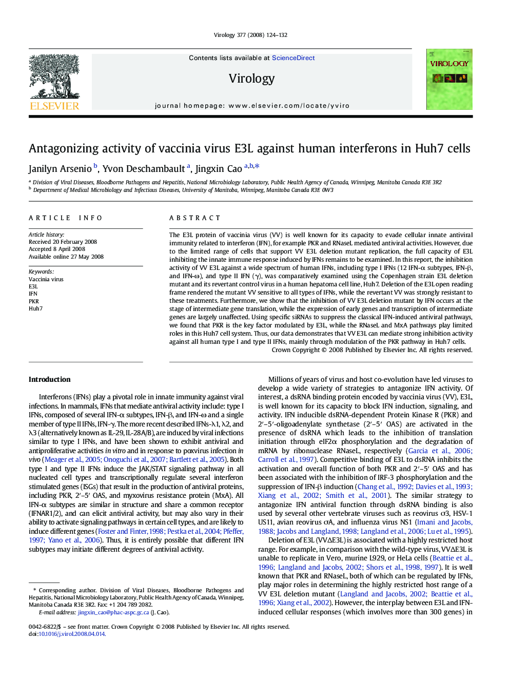 Antagonizing activity of vaccinia virus E3L against human interferons in Huh7 cells