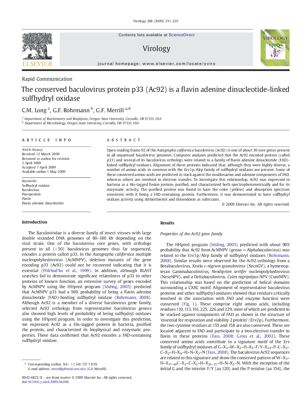 The conserved baculovirus protein p33 (Ac92) is a flavin adenine dinucleotide-linked sulfhydryl oxidase