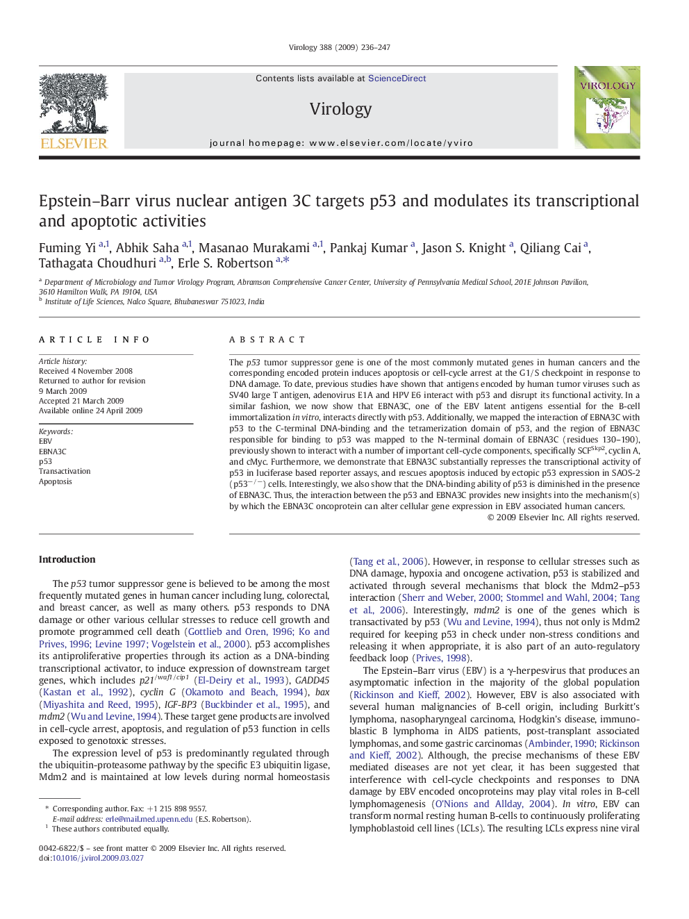 Epstein–Barr virus nuclear antigen 3C targets p53 and modulates its transcriptional and apoptotic activities