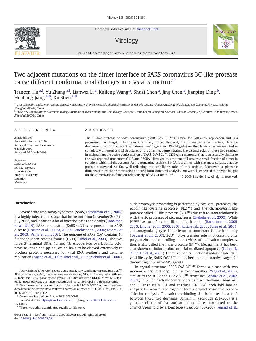 Two adjacent mutations on the dimer interface of SARS coronavirus 3C-like protease cause different conformational changes in crystal structure 