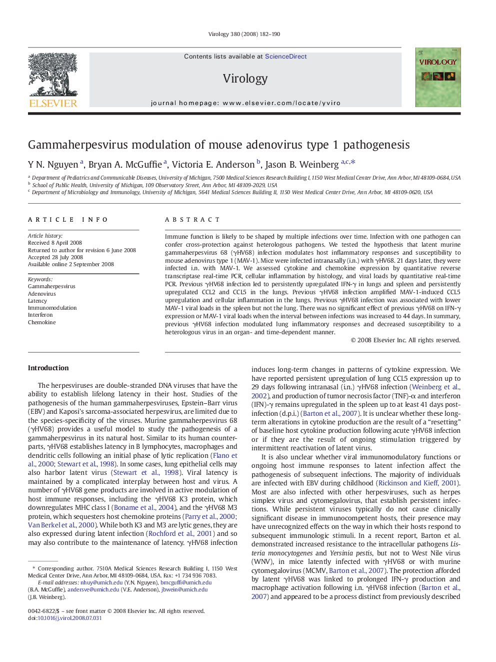 Gammaherpesvirus modulation of mouse adenovirus type 1 pathogenesis