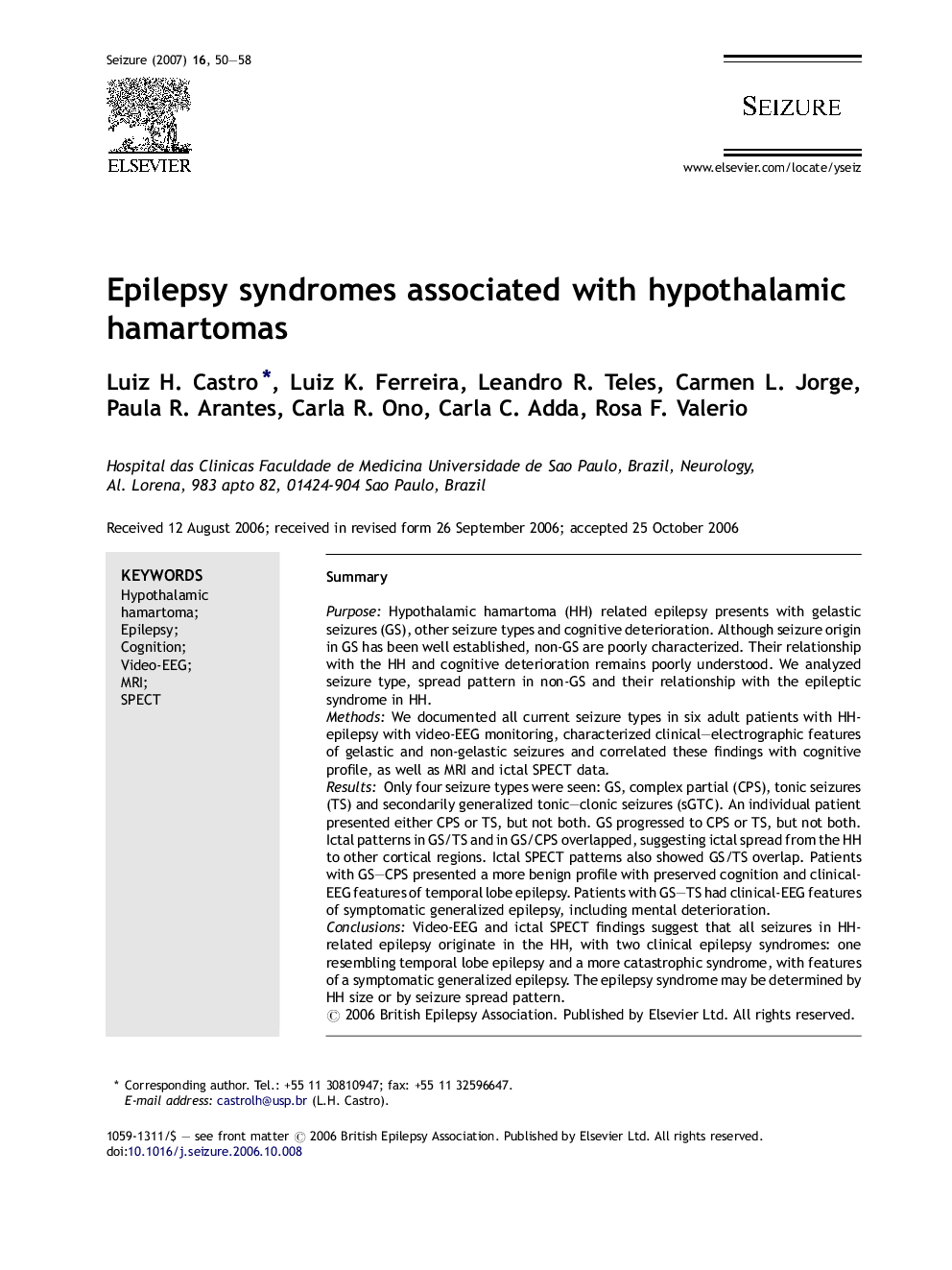 Epilepsy syndromes associated with hypothalamic hamartomas