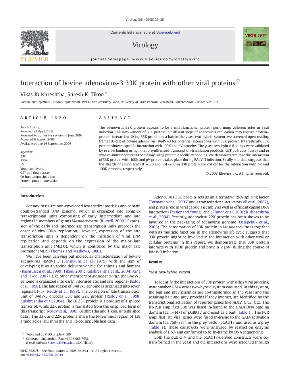 Interaction of bovine adenovirus-3 33K protein with other viral proteins 