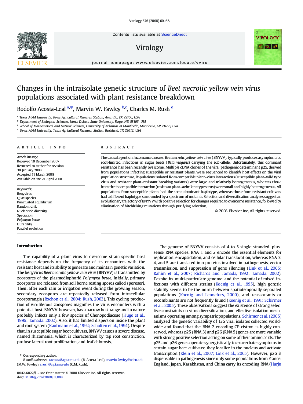 Changes in the intraisolate genetic structure of Beet necrotic yellow vein virus populations associated with plant resistance breakdown