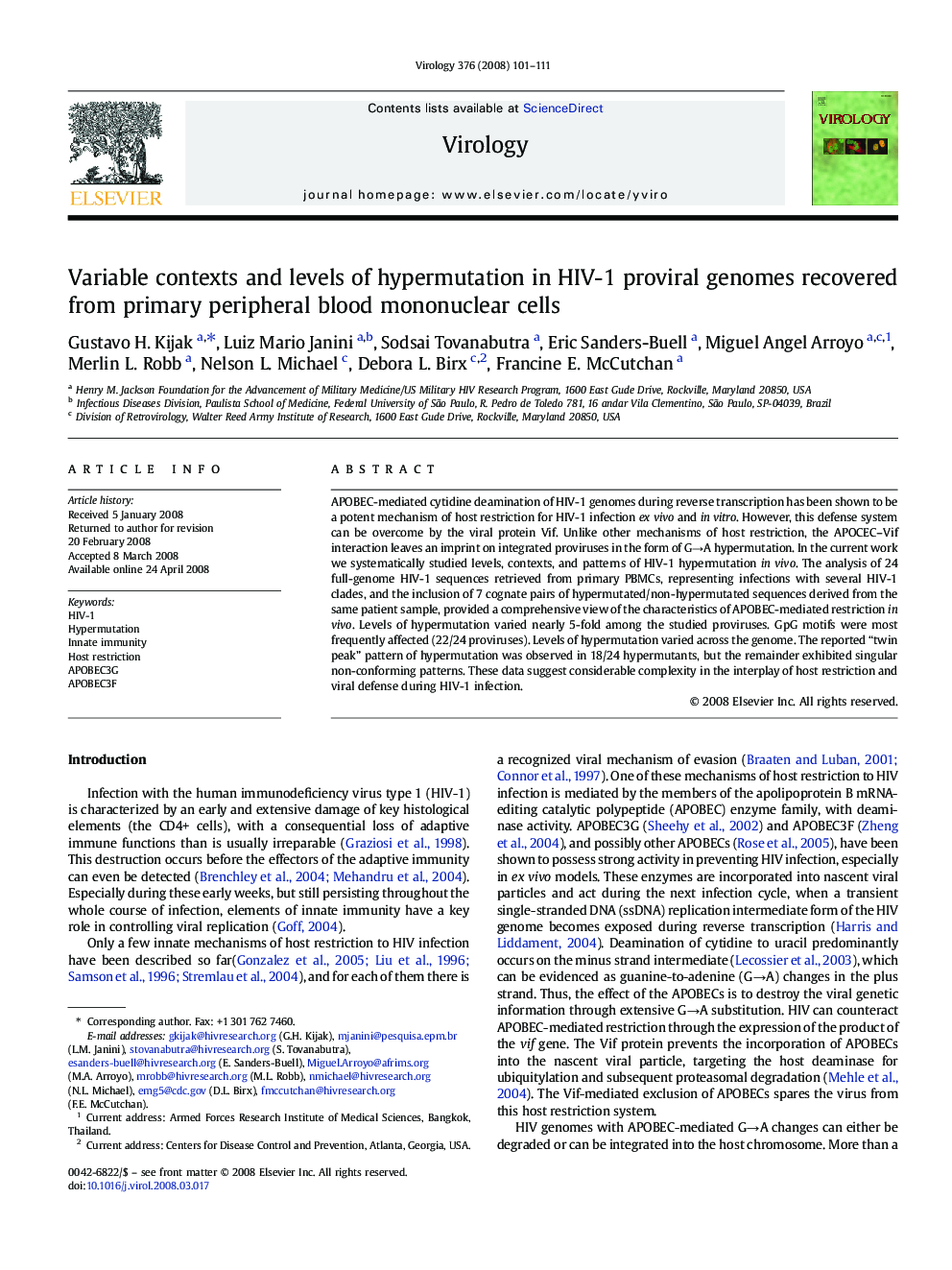 Variable contexts and levels of hypermutation in HIV-1 proviral genomes recovered from primary peripheral blood mononuclear cells