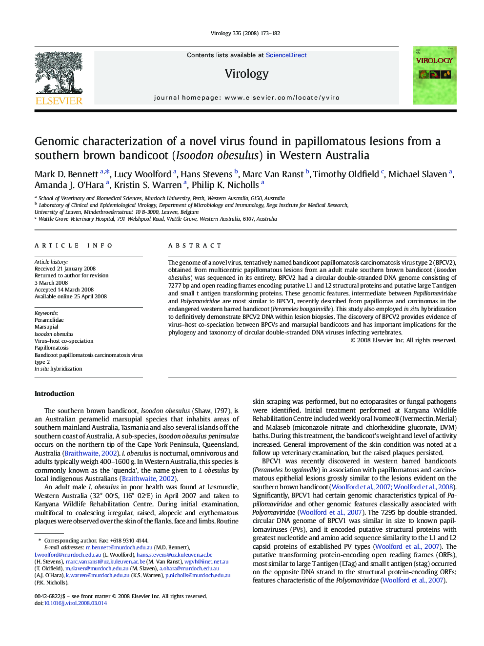 Genomic characterization of a novel virus found in papillomatous lesions from a southern brown bandicoot (Isoodon obesulus) in Western Australia