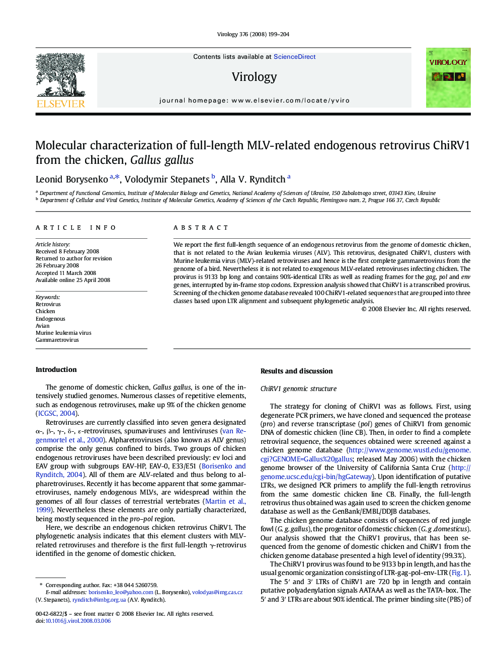 Molecular characterization of full-length MLV-related endogenous retrovirus ChiRV1 from the chicken, Gallus gallus