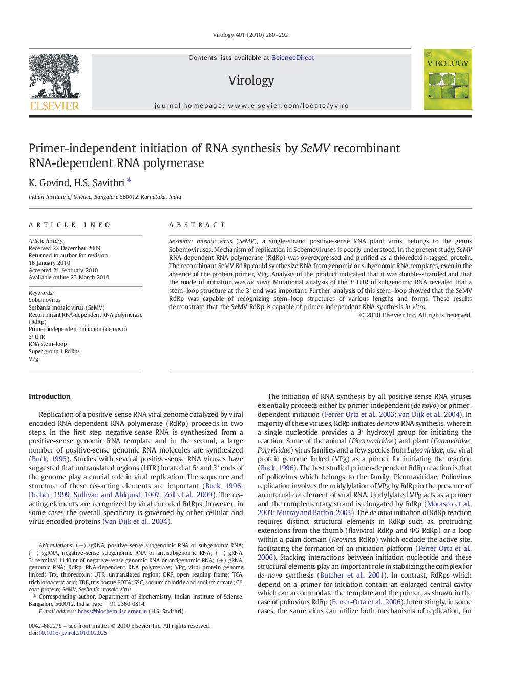 Primer-independent initiation of RNA synthesis by SeMV recombinant RNA-dependent RNA polymerase