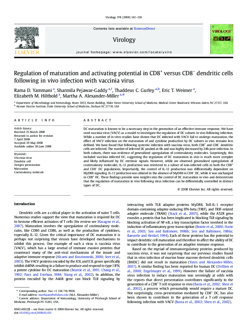 Regulation of maturation and activating potential in CD8+ versus CD8− dendritic cells following in vivo infection with vaccinia virus