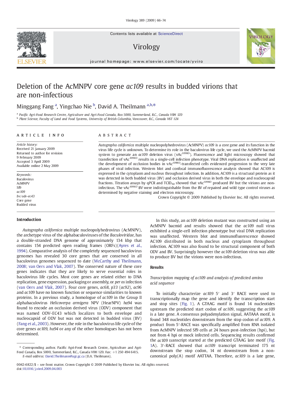 Deletion of the AcMNPV core gene ac109 results in budded virions that are non-infectious