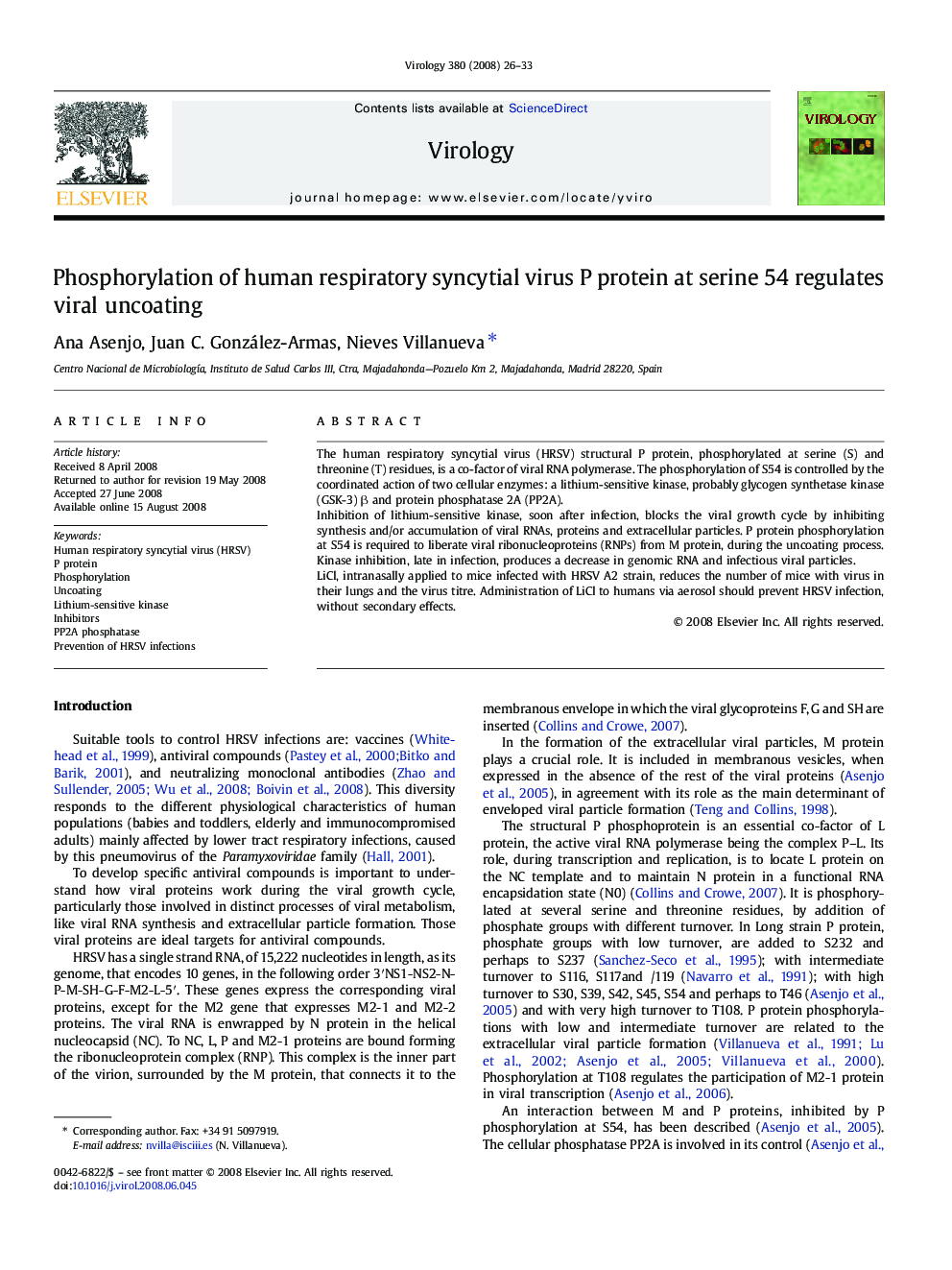 Phosphorylation of human respiratory syncytial virus P protein at serine 54 regulates viral uncoating