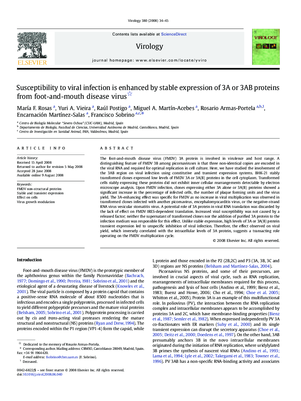 Susceptibility to viral infection is enhanced by stable expression of 3A or 3AB proteins from foot-and-mouth disease virus 