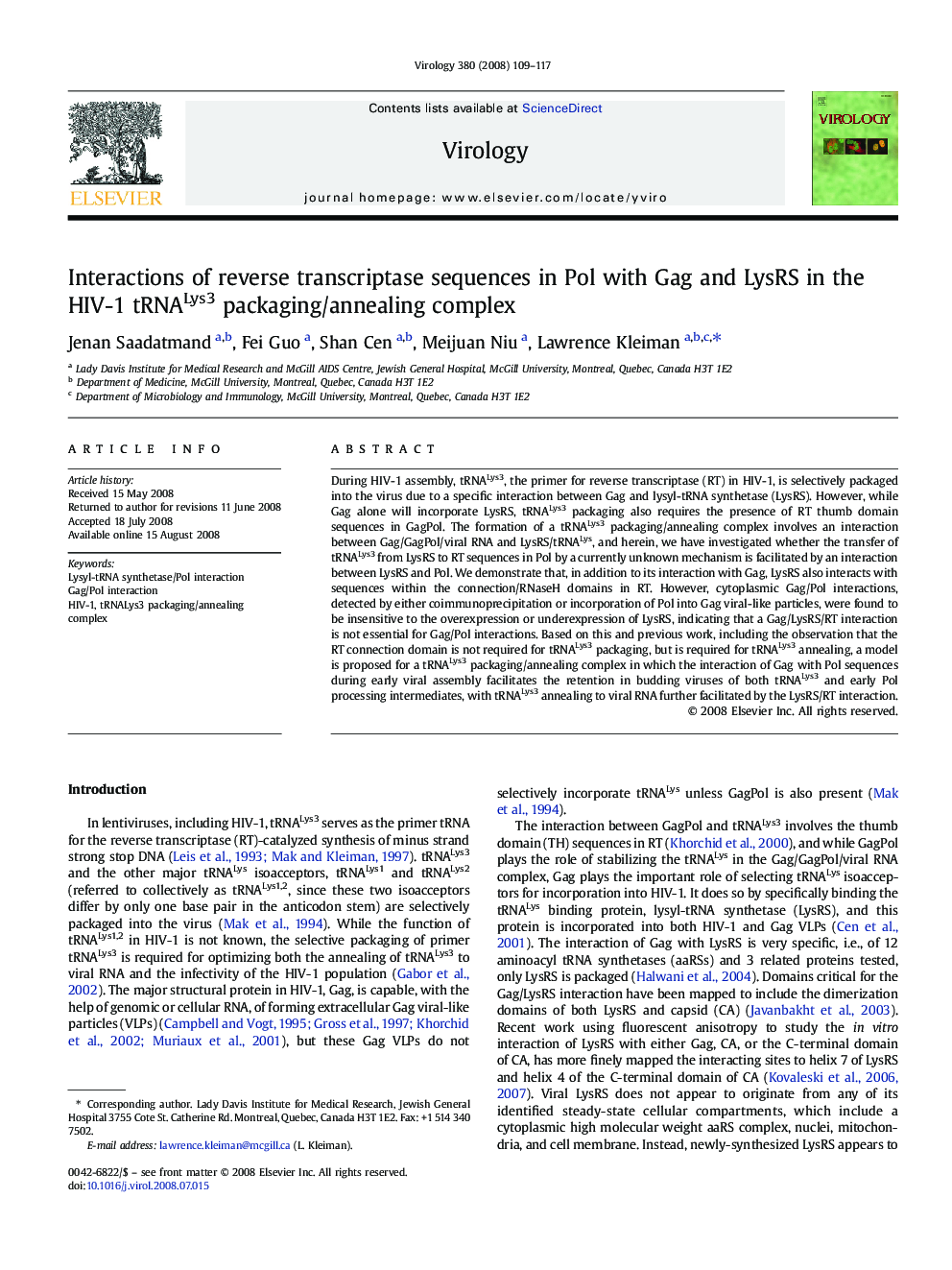 Interactions of reverse transcriptase sequences in Pol with Gag and LysRS in the HIV-1 tRNALys3 packaging/annealing complex