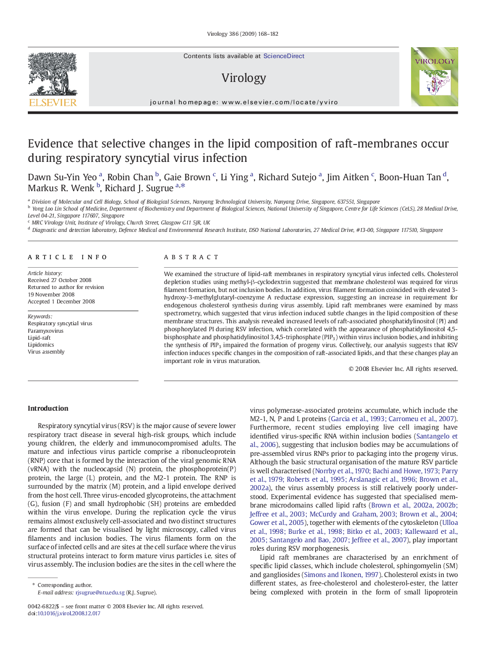 Evidence that selective changes in the lipid composition of raft-membranes occur during respiratory syncytial virus infection