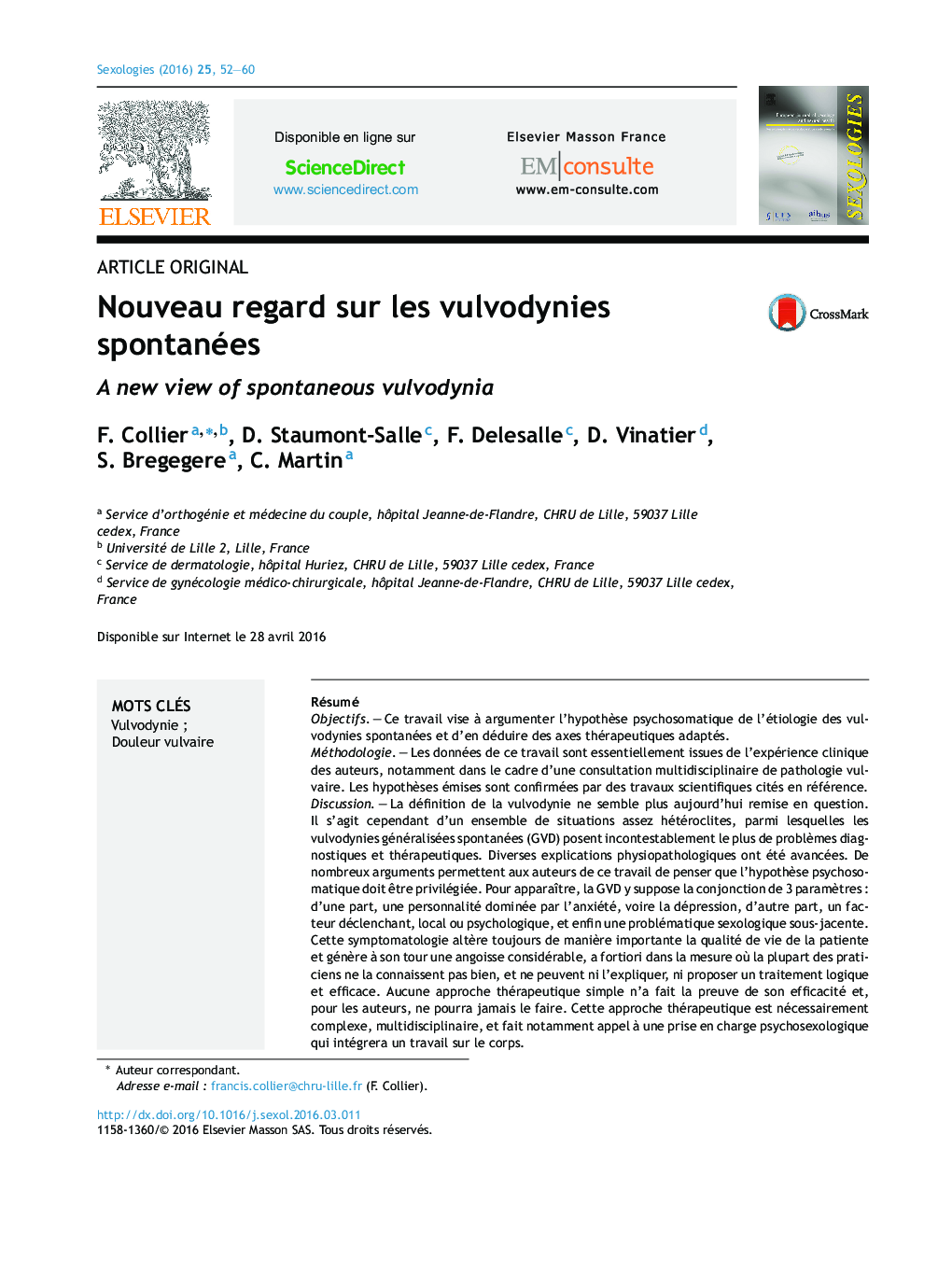 عکس صفحه اول مقاله: Nouveau regard sur les vulvodynies spontanées Nouveau regard sur les vulvodynies spontanées