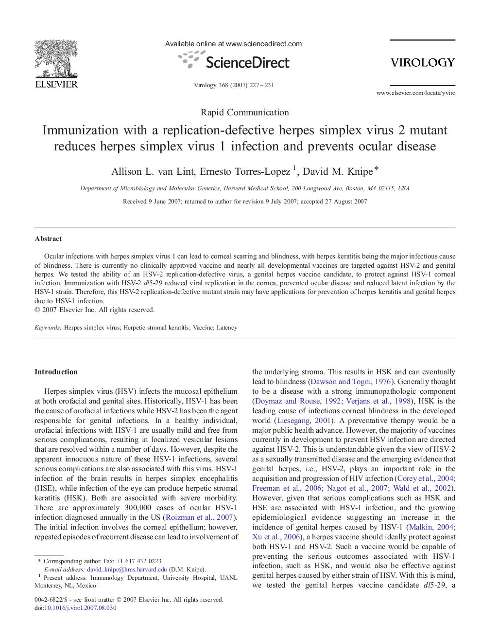 Immunization with a replication-defective herpes simplex virus 2 mutant reduces herpes simplex virus 1 infection and prevents ocular disease