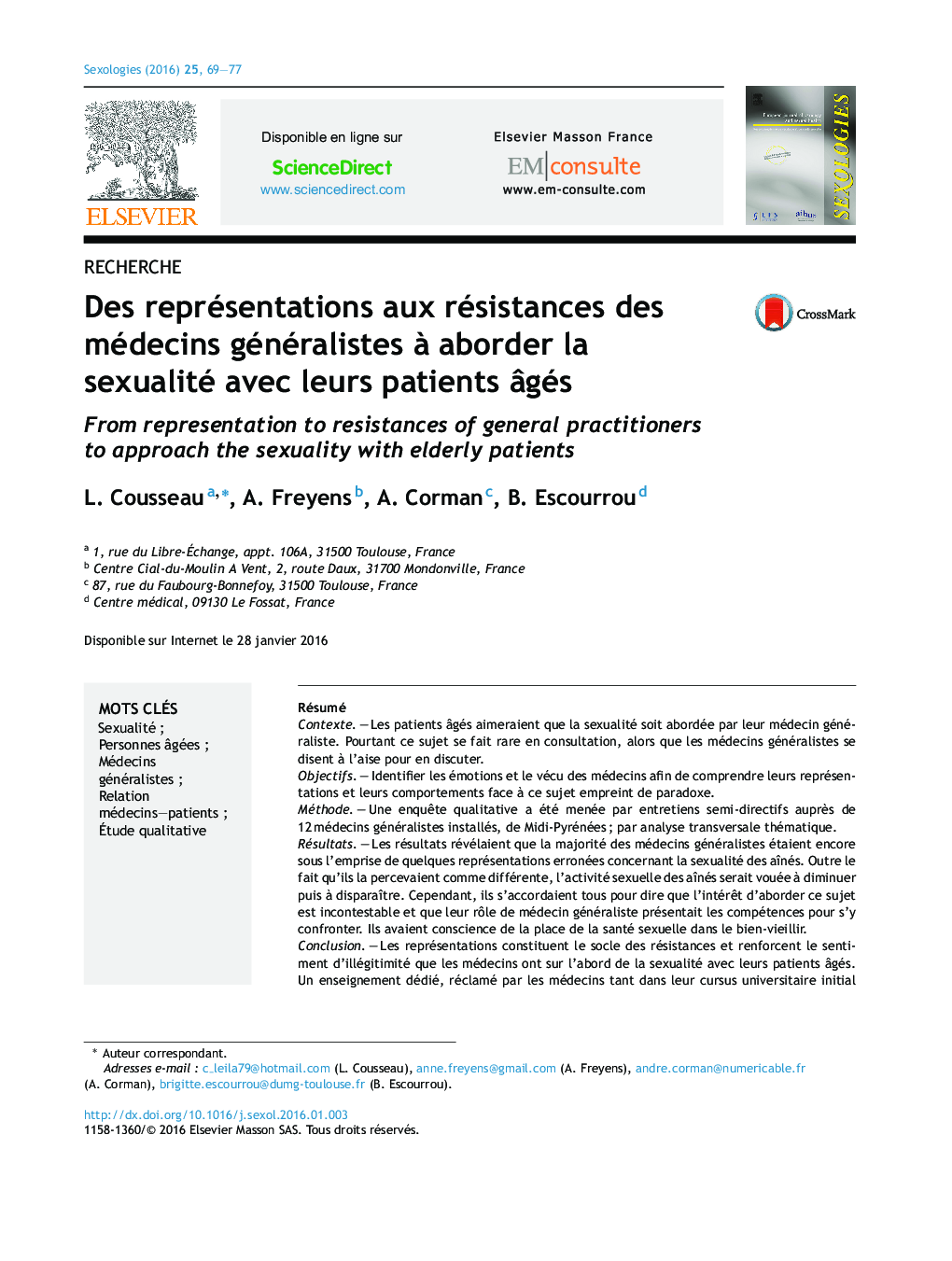 عکس صفحه اول مقاله: Des représentations aux résistances des médecins généralistes à aborder la sexualité avec leurs patients âgés Des représentations aux résistances des médecins généralistes à aborder la sexualité avec leurs patients âgés