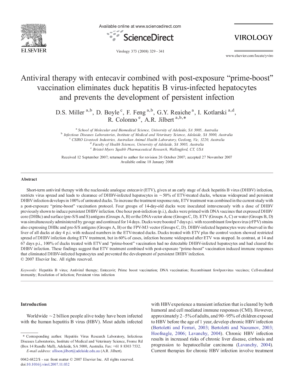 Antiviral therapy with entecavir combined with post-exposure “prime-boost” vaccination eliminates duck hepatitis B virus-infected hepatocytes and prevents the development of persistent infection