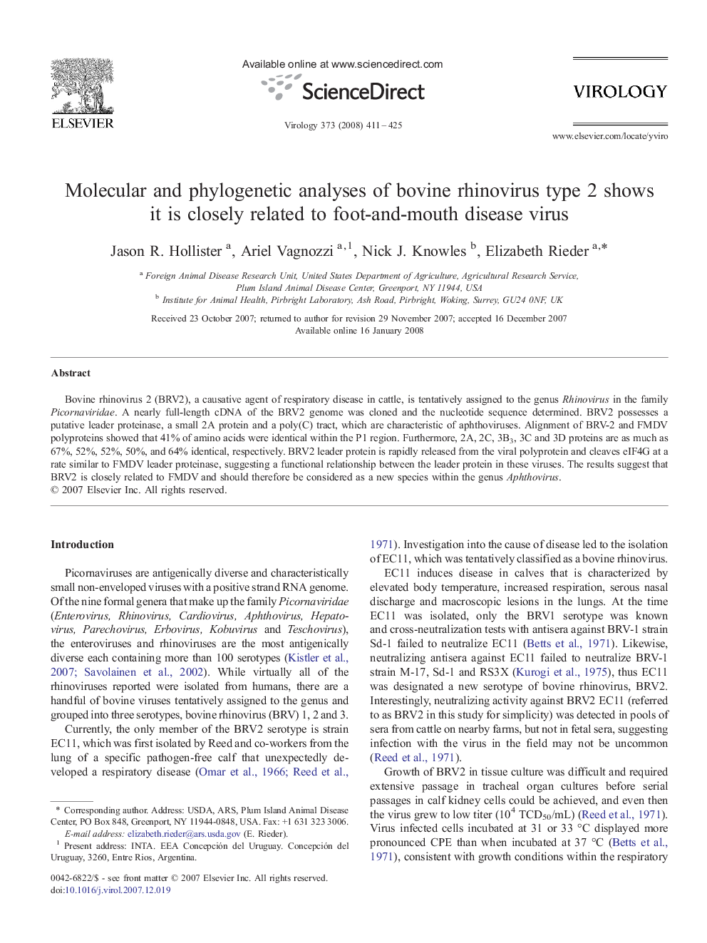 Molecular and phylogenetic analyses of bovine rhinovirus type 2 shows it is closely related to foot-and-mouth disease virus