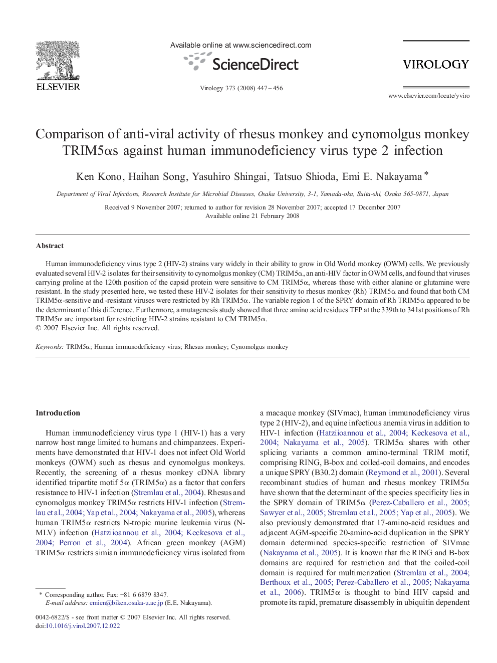 Comparison of anti-viral activity of rhesus monkey and cynomolgus monkey TRIM5αs against human immunodeficiency virus type 2 infection