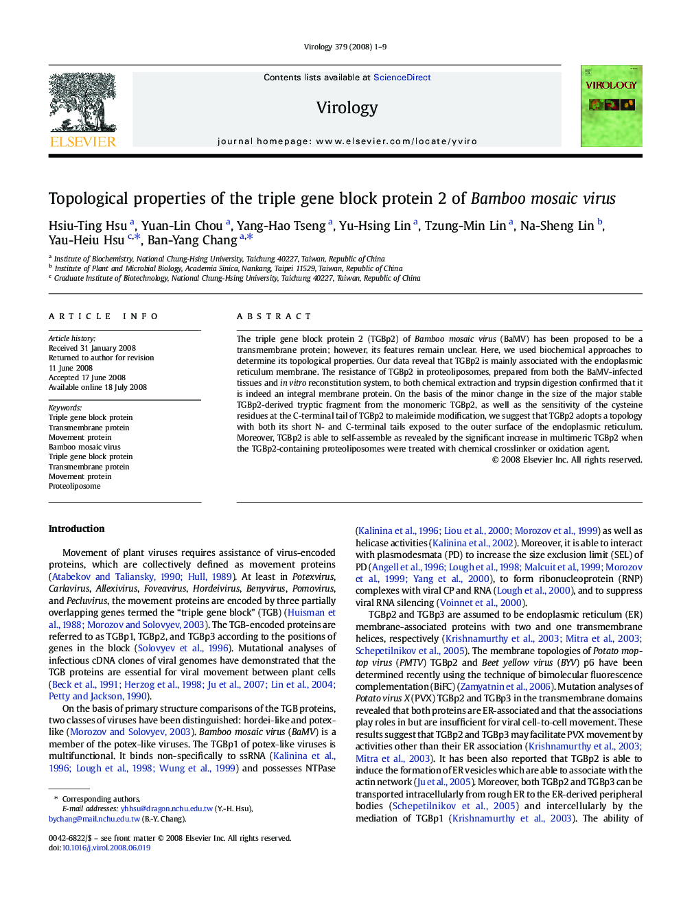 Topological properties of the triple gene block protein 2 of Bamboo mosaic virus