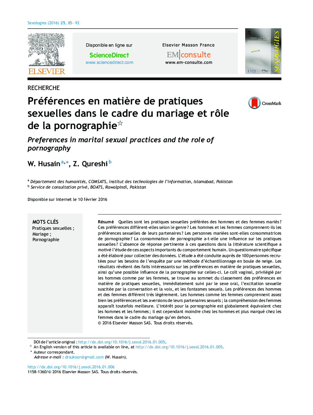 عکس صفحه اول مقاله: Préférences en matière de pratiques sexuelles dans le cadre du mariage et rôle de la pornographie Préférences en matière de pratiques sexuelles dans le cadre du mariage et rôle de la pornographie
