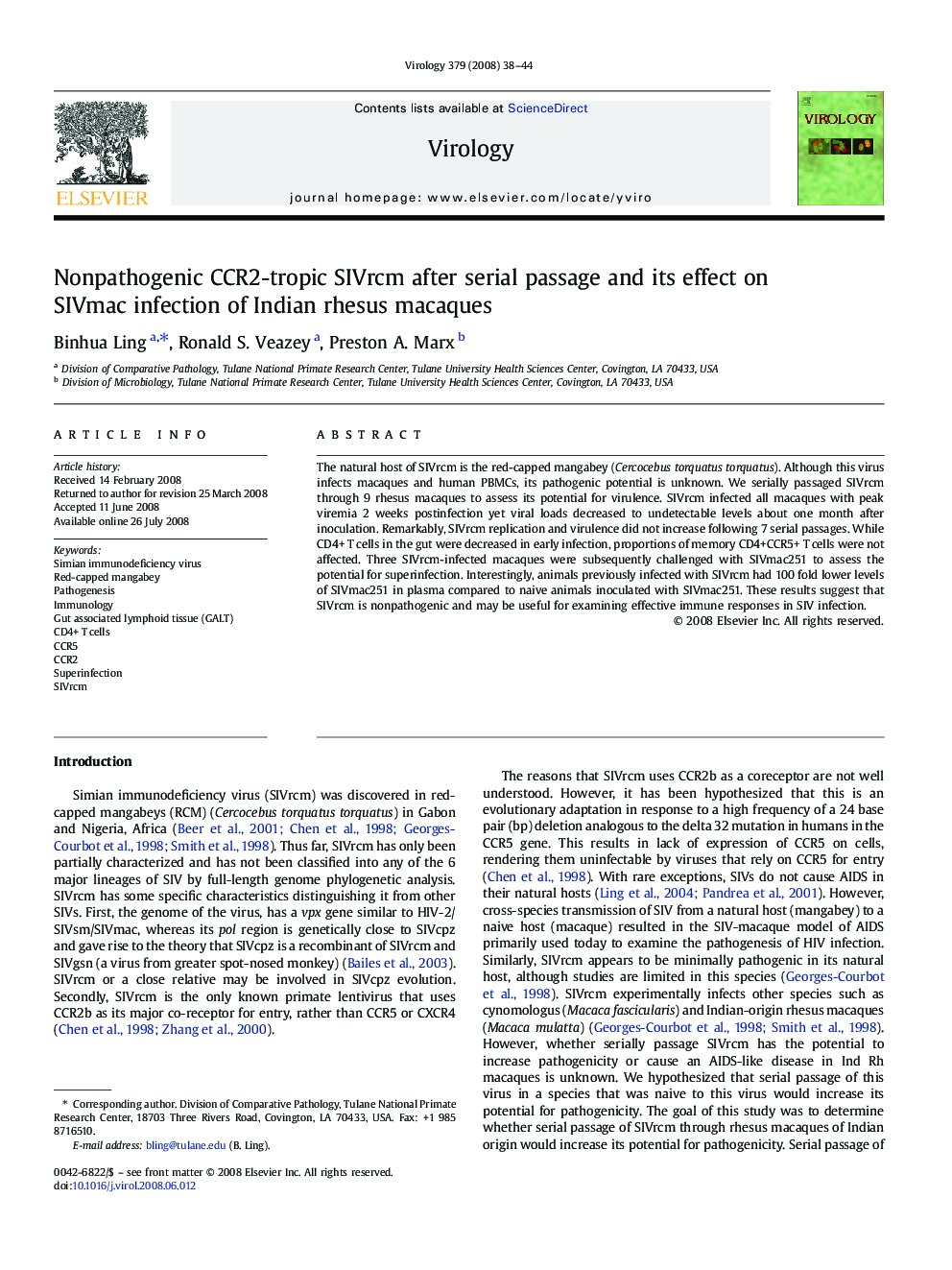 Nonpathogenic CCR2-tropic SIVrcm after serial passage and its effect on SIVmac infection of Indian rhesus macaques