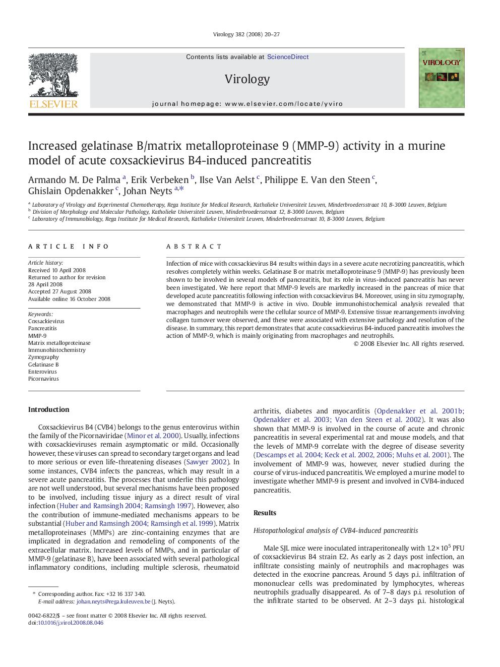 Increased gelatinase B/matrix metalloproteinase 9 (MMP-9) activity in a murine model of acute coxsackievirus B4-induced pancreatitis