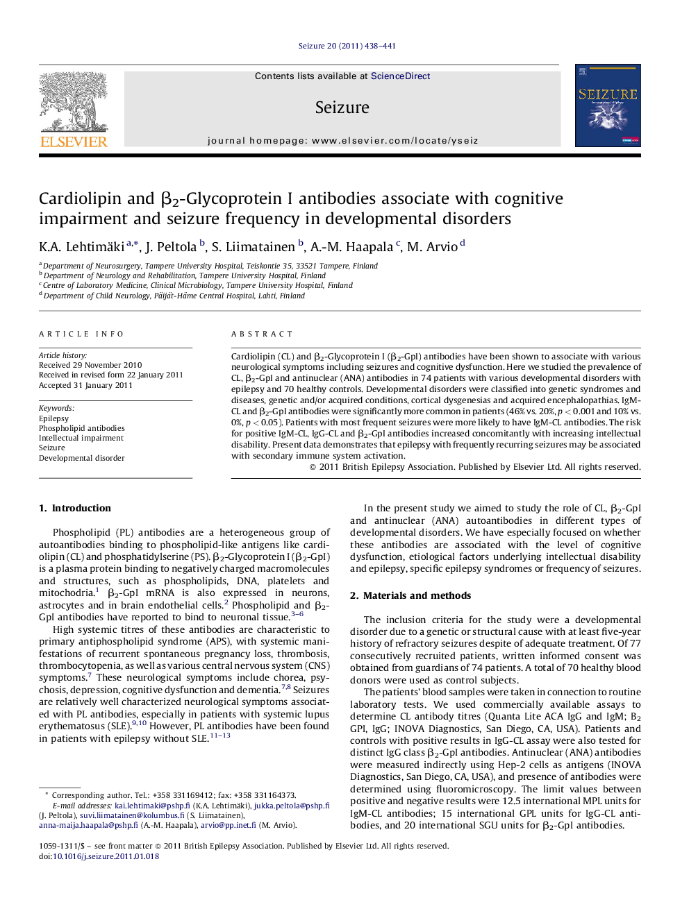 Cardiolipin and β2-Glycoprotein I antibodies associate with cognitive impairment and seizure frequency in developmental disorders