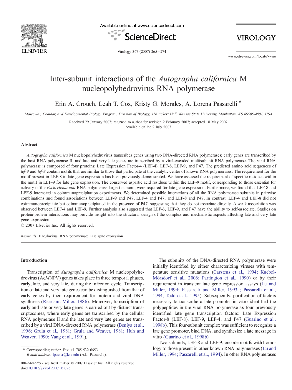 Inter-subunit interactions of the Autographa californica M nucleopolyhedrovirus RNA polymerase