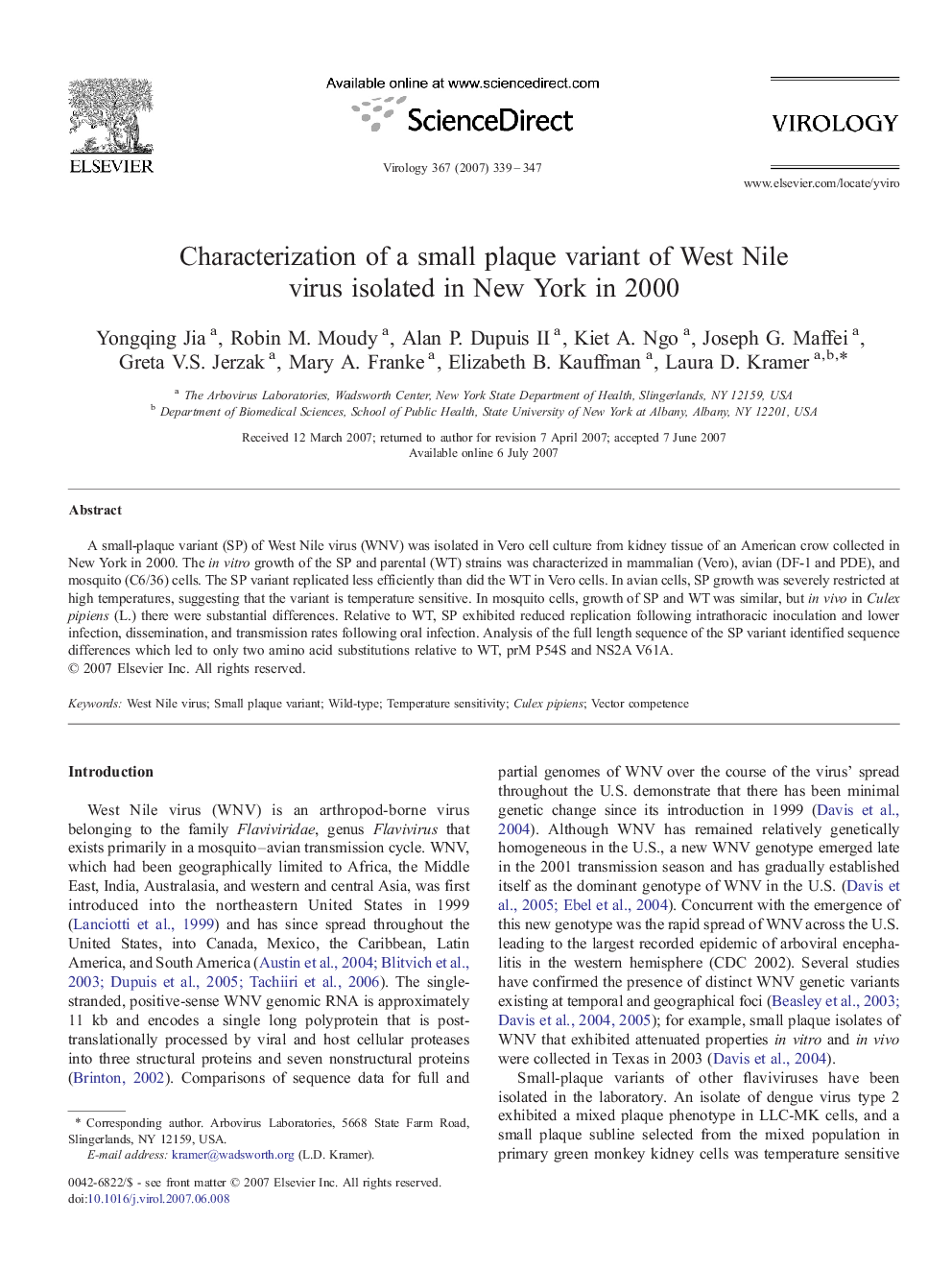 Characterization of a small plaque variant of West Nile virus isolated in New York in 2000