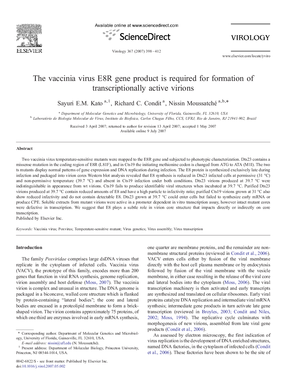 The vaccinia virus E8R gene product is required for formation of transcriptionally active virions