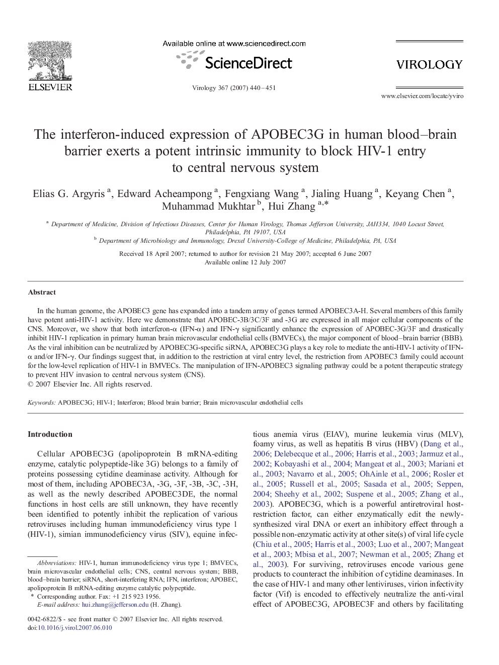 The interferon-induced expression of APOBEC3G in human blood–brain barrier exerts a potent intrinsic immunity to block HIV-1 entry to central nervous system