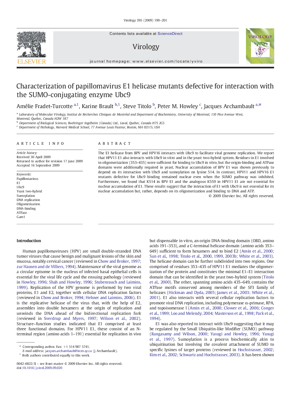 Characterization of papillomavirus E1 helicase mutants defective for interaction with the SUMO-conjugating enzyme Ubc9