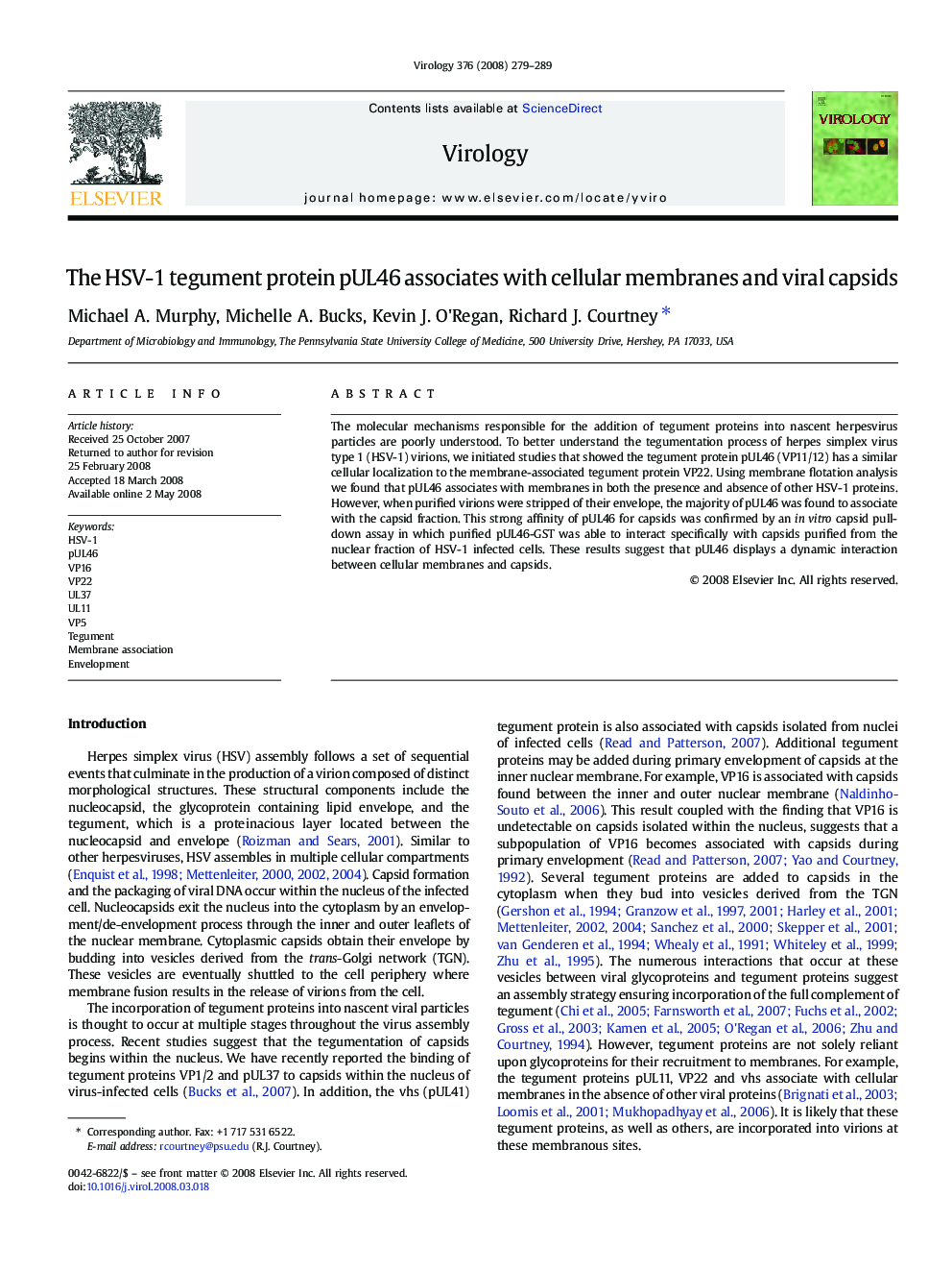 The HSV-1 tegument protein pUL46 associates with cellular membranes and viral capsids