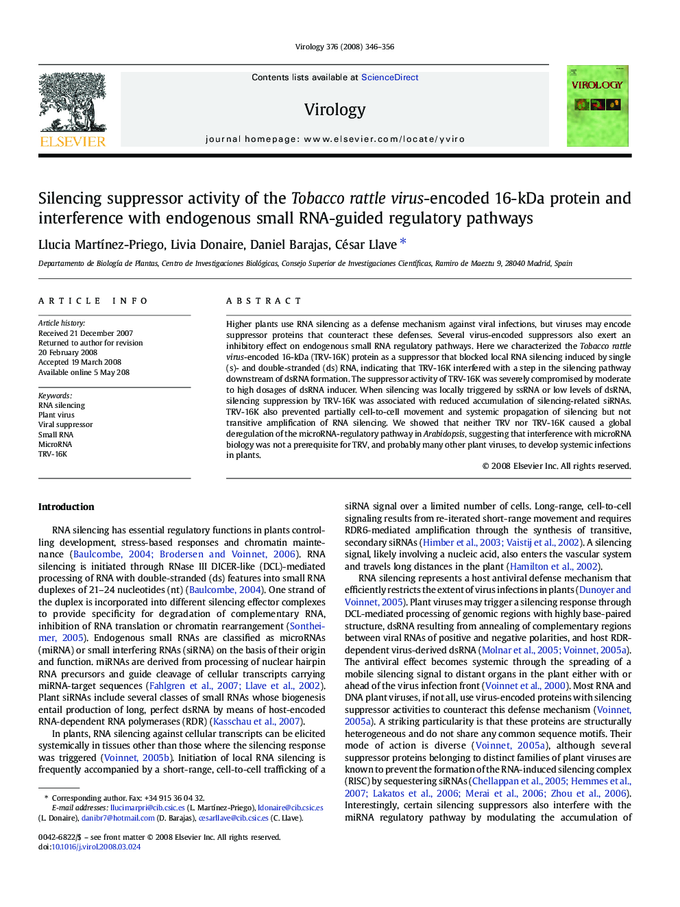 Silencing suppressor activity of the Tobacco rattle virus-encoded 16-kDa protein and interference with endogenous small RNA-guided regulatory pathways