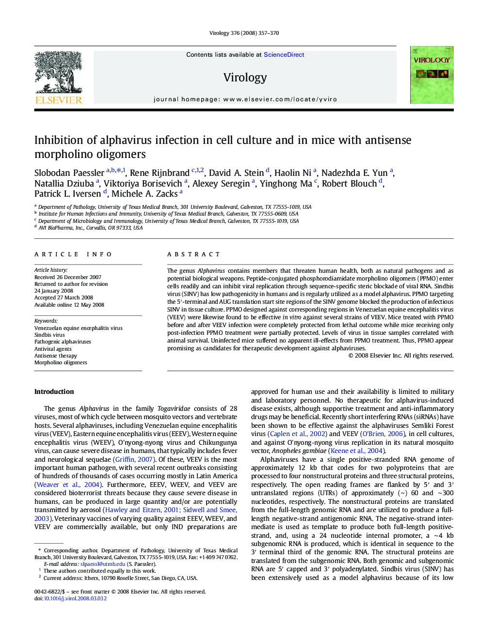 Inhibition of alphavirus infection in cell culture and in mice with antisense morpholino oligomers