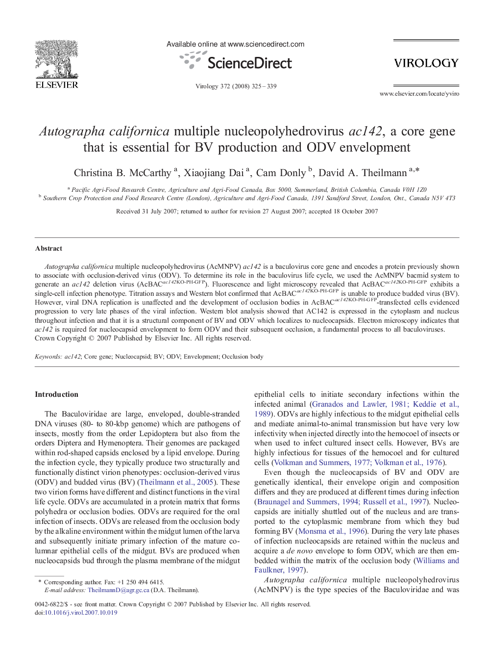 Autographa californica multiple nucleopolyhedrovirus ac142, a core gene that is essential for BV production and ODV envelopment