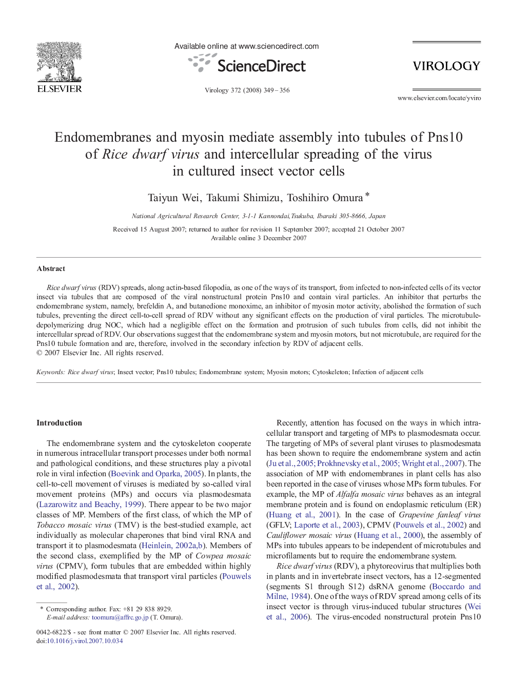 Endomembranes and myosin mediate assembly into tubules of Pns10 of Rice dwarf virus and intercellular spreading of the virus in cultured insect vector cells