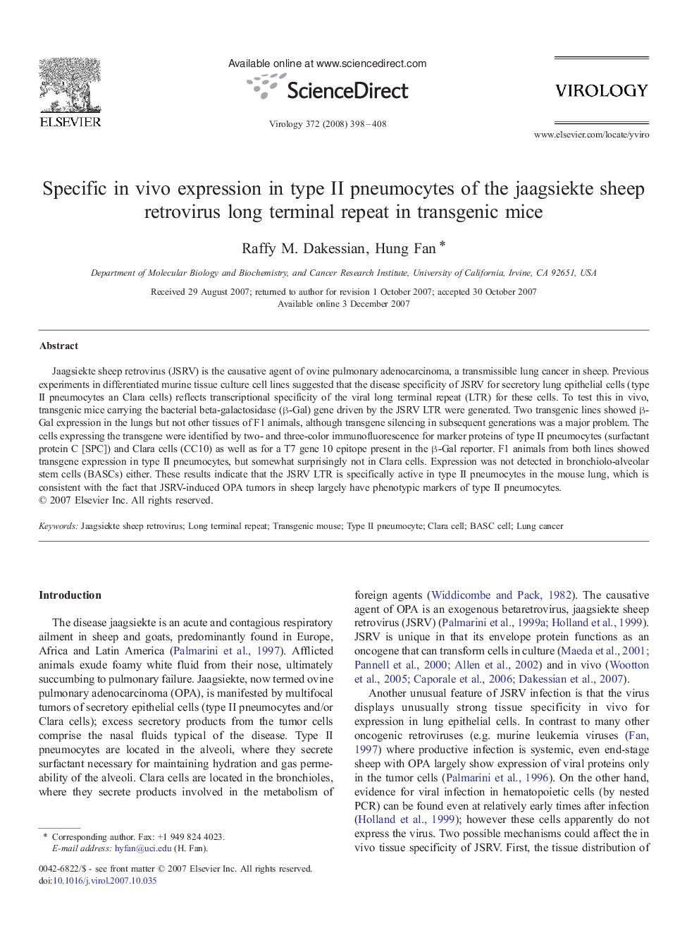 Specific in vivo expression in type II pneumocytes of the jaagsiekte sheep retrovirus long terminal repeat in transgenic mice