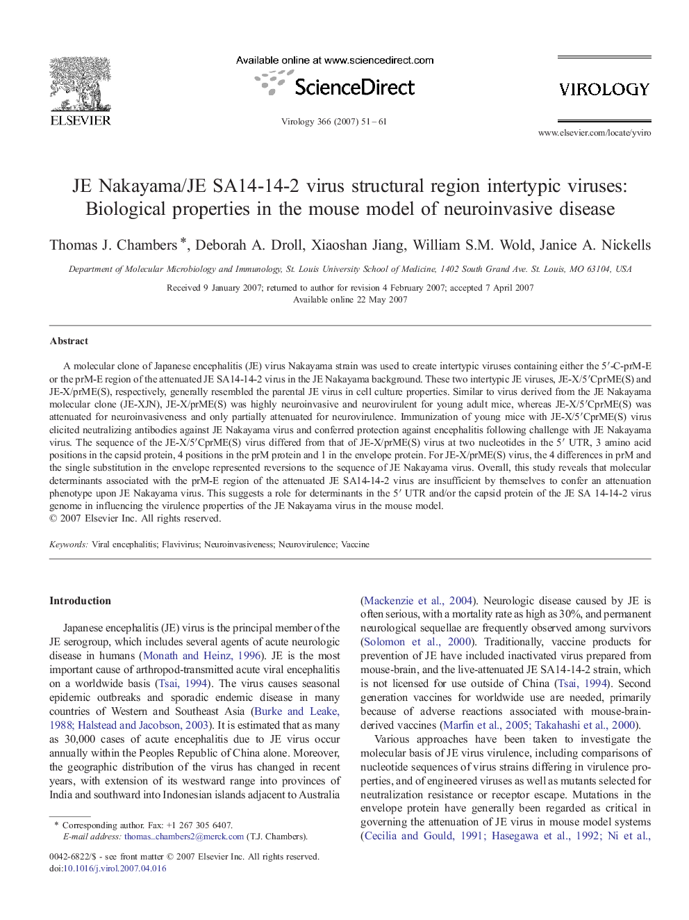 JE Nakayama/JE SA14-14-2 virus structural region intertypic viruses: Biological properties in the mouse model of neuroinvasive disease