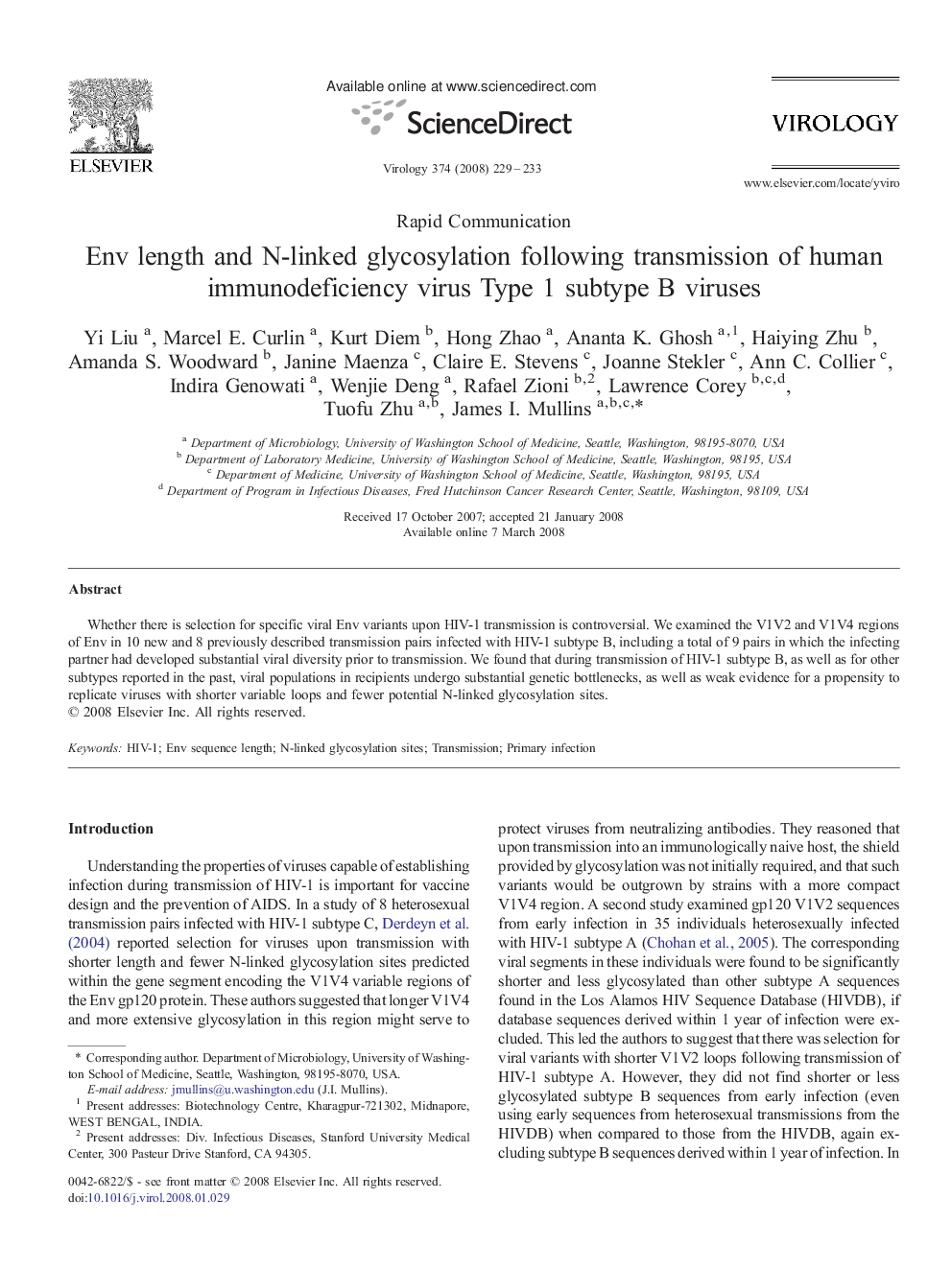 Env length and N-linked glycosylation following transmission of human immunodeficiency virus Type 1 subtype B viruses