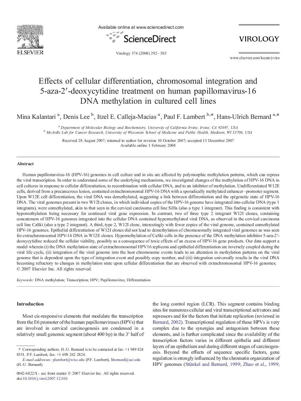 Effects of cellular differentiation, chromosomal integration and 5-aza-2′-deoxycytidine treatment on human papillomavirus-16 DNA methylation in cultured cell lines